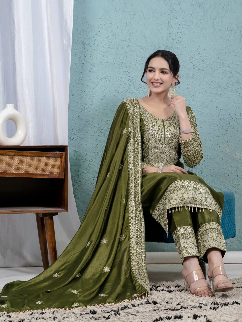 Deep Moss Satin Embellished Set